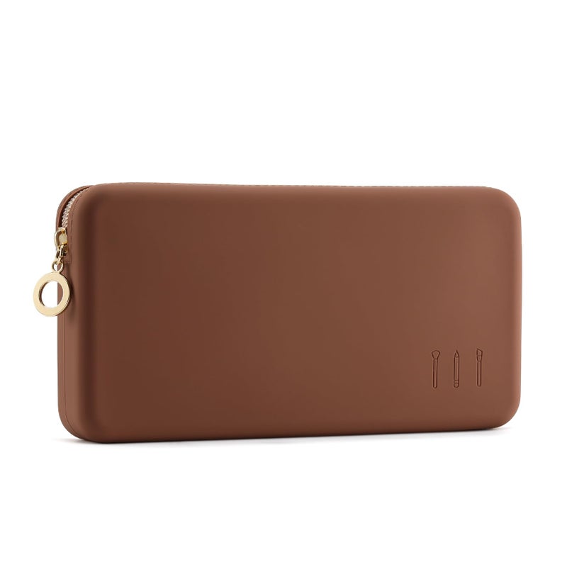 FVION Zipper Makeup Brushes Bag For Travel  Large Silicone Makeup Brush Holder  Make Up Brushes Pouch Case for Makeup Tools - Brown - Image 1